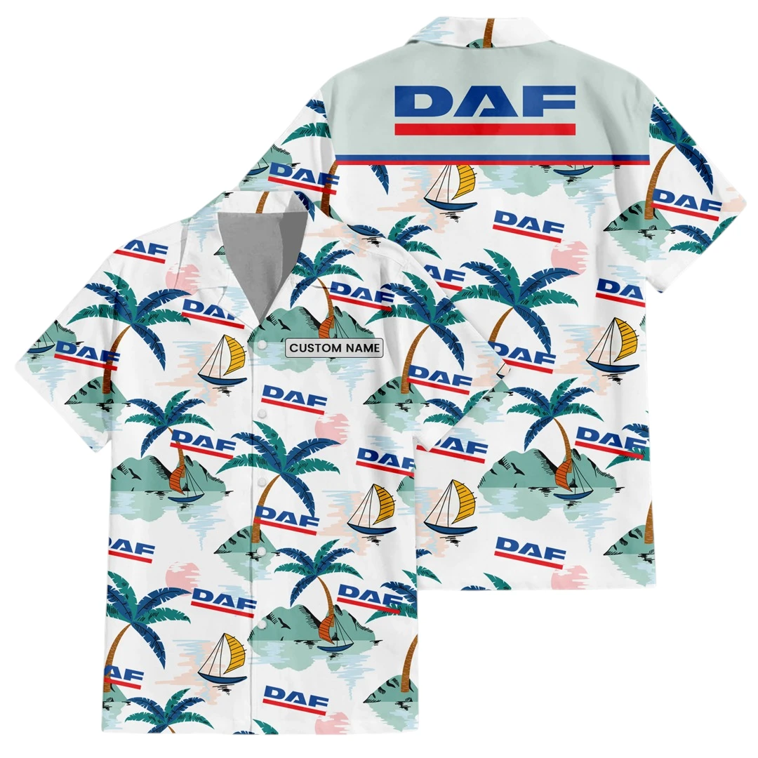 DAF Exclusive Logo Button Up Hawaiian Shirt Tropical Landscape Pattern All-over Print, Custom Name HIDI190225Y7HWLS2DAF