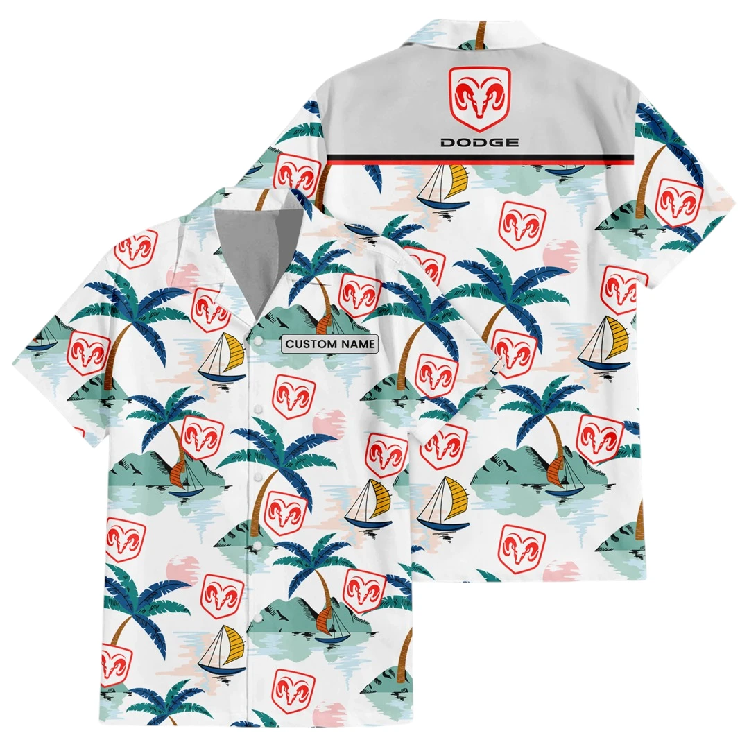 Dodge Exclusive Logo Button Up Hawaiian Shirt Tropical Landscape Pattern All-over Print, Custom Name HIDI190225Y7HWLS2DOD