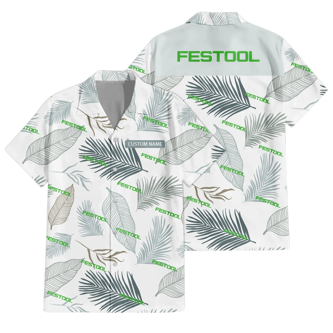 Festool Exclusive Logo Button Up Hawaiian Shirt Tropical Leaves Seamless Pattern All-over Print, Custom Name HIHI170125Y7HWLS1FES