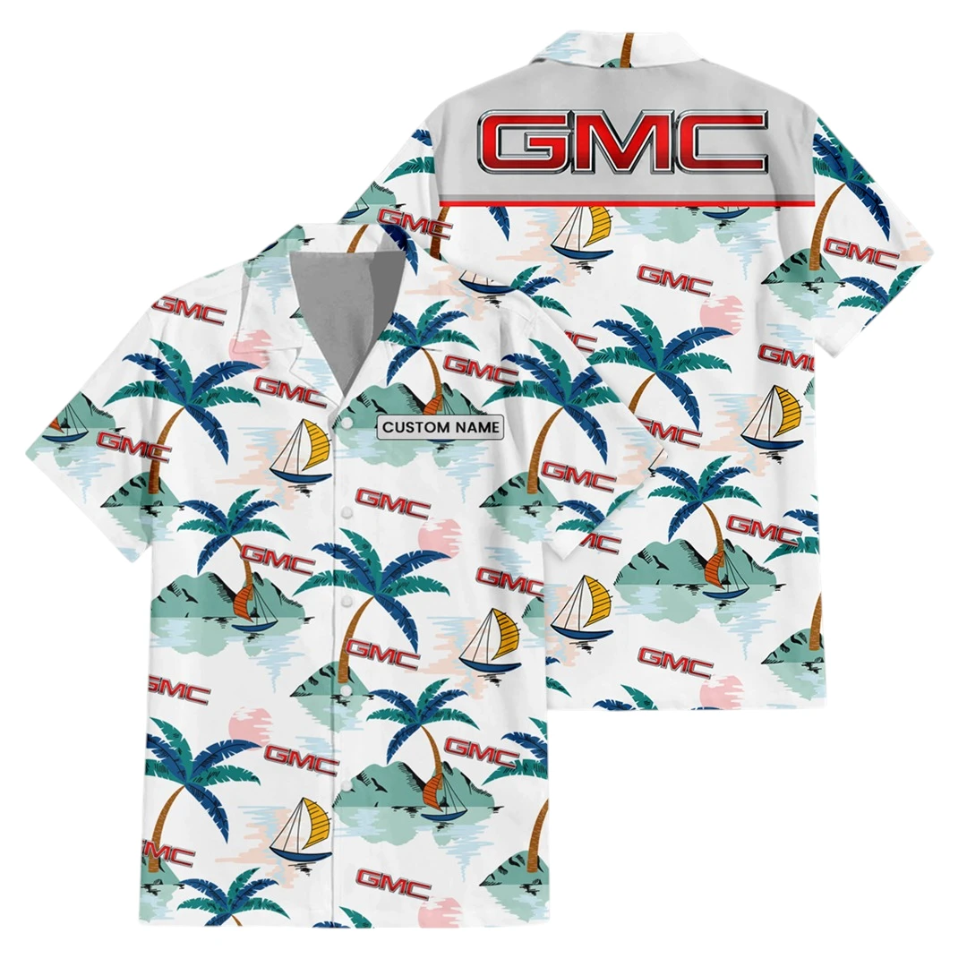 GMC Car Exclusive Logo Button Up Hawaiian Shirt Tropical Landscape Pattern All-over Print, Custom Name HIDI210225Y7HWLS2GMC