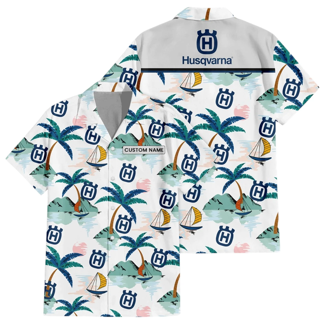 Husqvarna Exclusive Logo Button Up Hawaiian Shirt Tropical Landscape Pattern All-over Print, Custom Name HIDI200225Y7HWLS2HUA
