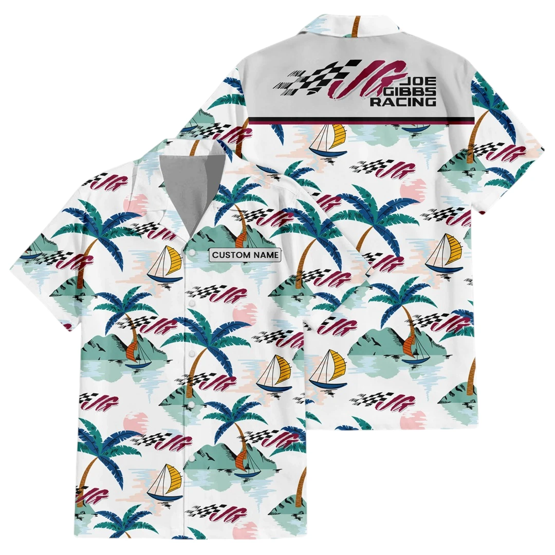 Joe Gibbs Racing Exclusive Logo Button Up Hawaiian Shirt Tropical Landscape Pattern All-over Print, Custom Name HIDI200225Y7HWLS2JGR