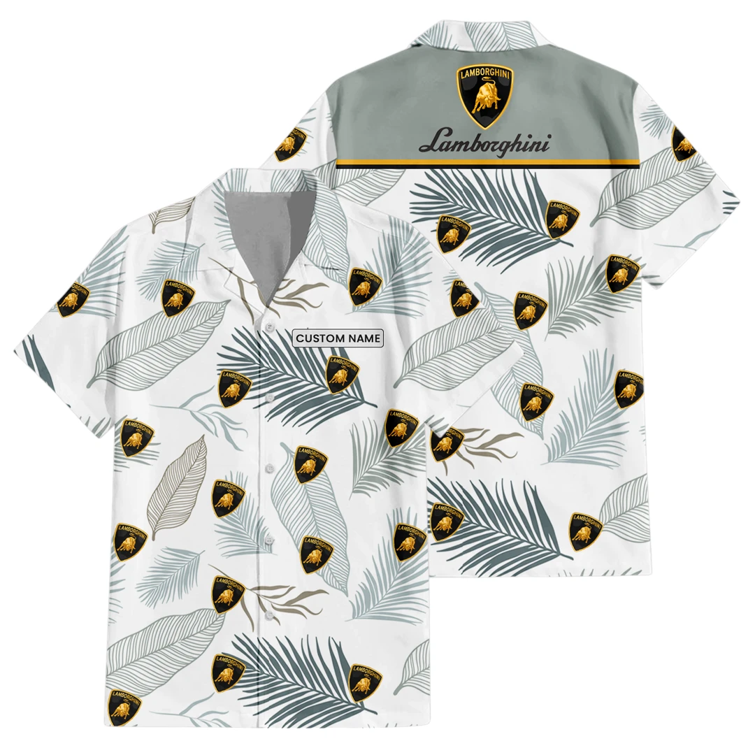 Lamborghini Exclusive Logo Button Up Hawaiian Shirt Tropical Leaves Seamless Pattern All-over Print, Custom Name HIHI180225Y7HWLS1LAM