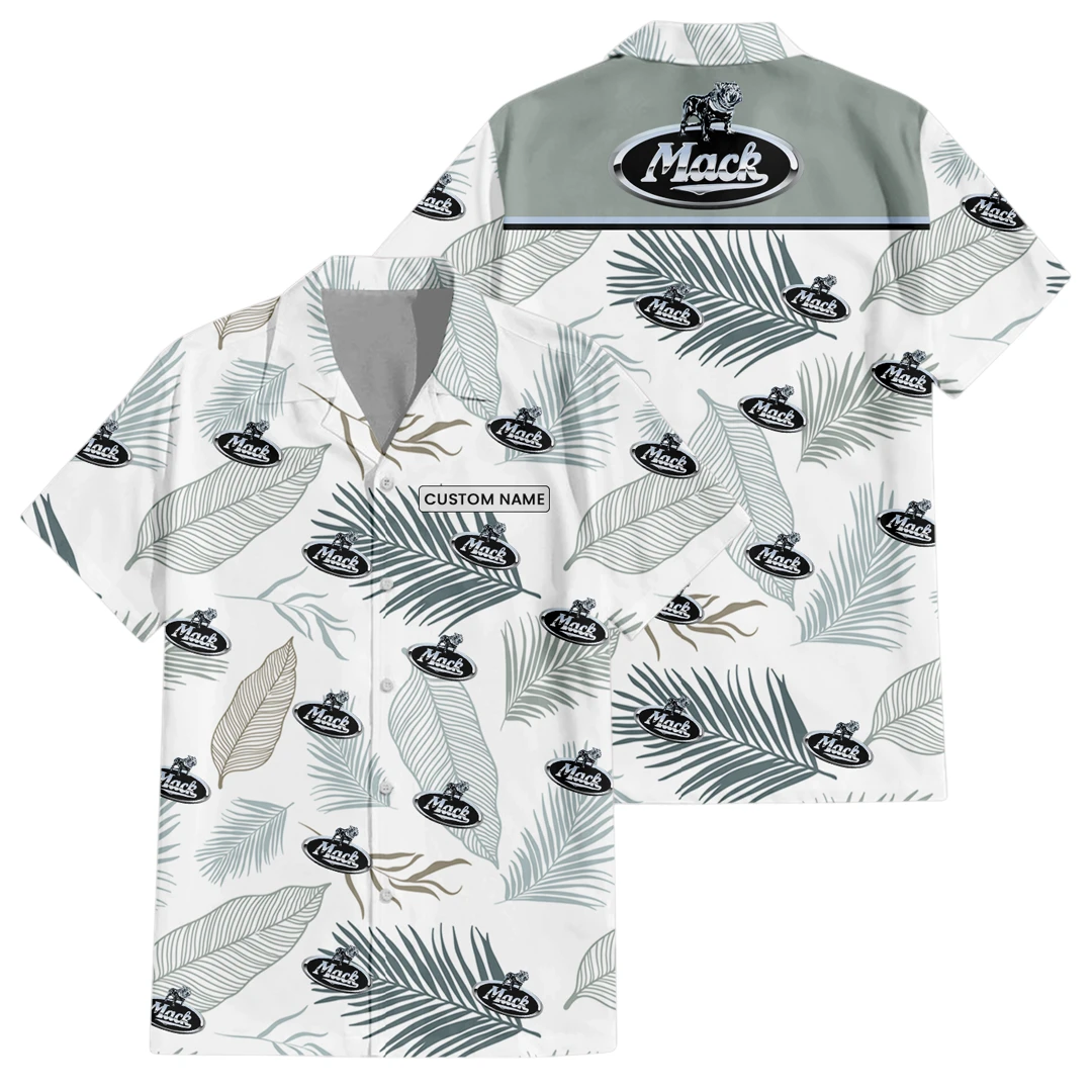 Mack Trucks Exclusive Logo Button Up Hawaiian Shirt Tropical Leaves Seamless Pattern All-over Print, Custom Name HIHI180225Y7HWLS1MAC