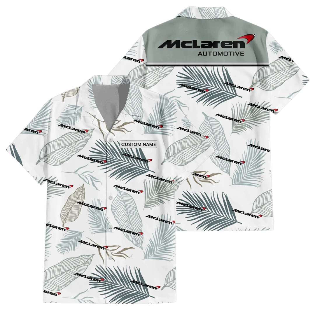 McLaren Exclusive Logo Button Up Hawaiian Shirt Tropical Leaves Seamless Pattern All-over Print, Custom Name HIHI180225Y7HWLS1MCL