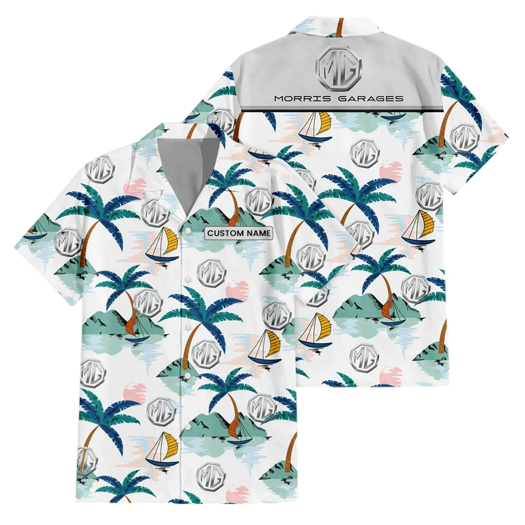 MG Cars Exclusive Logo Button Up Hawaiian Shirt Tropical Landscape Pattern All-over Print, Custom Name HIDI210225Y7HWLS2MGC