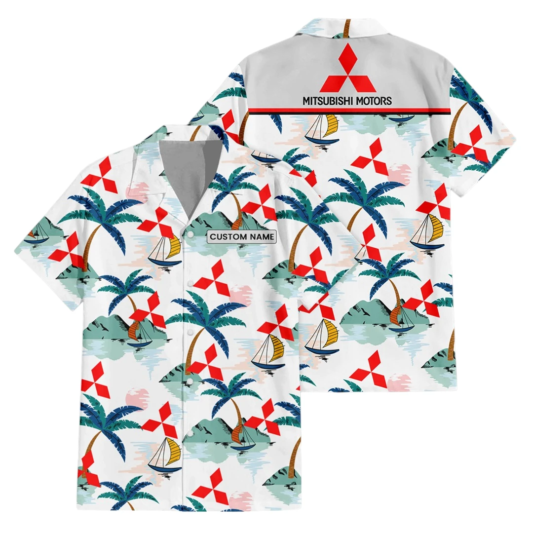 Mitsubishi Exclusive Logo Button Up Hawaiian Shirt Tropical Landscape Pattern All-over Print, Custom Name HIDI200225Y7HWLS2MIT