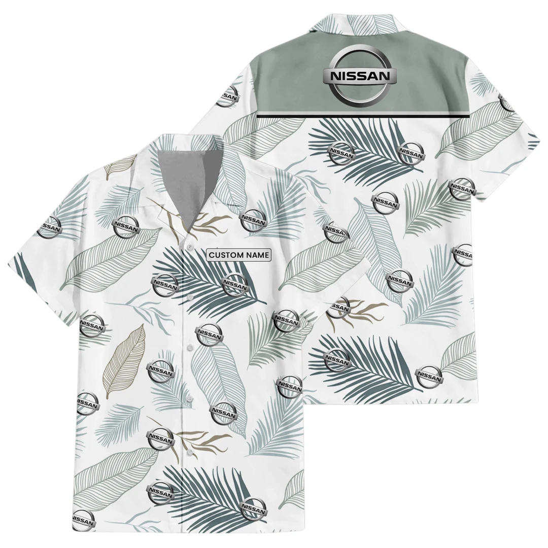 Nissan Exclusive Logo Button Up Hawaiian Shirt Tropical Leaves Seamless Pattern All-over Print, Custom Name HIHI180225Y7HWLS1NIS