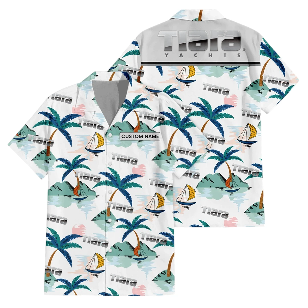 Tiara Yachts Exclusive Logo Button Up Hawaiian Shirt Tropical Landscape Pattern All-over Print, Custom Name HIDI200225Y7HWLS2TIA