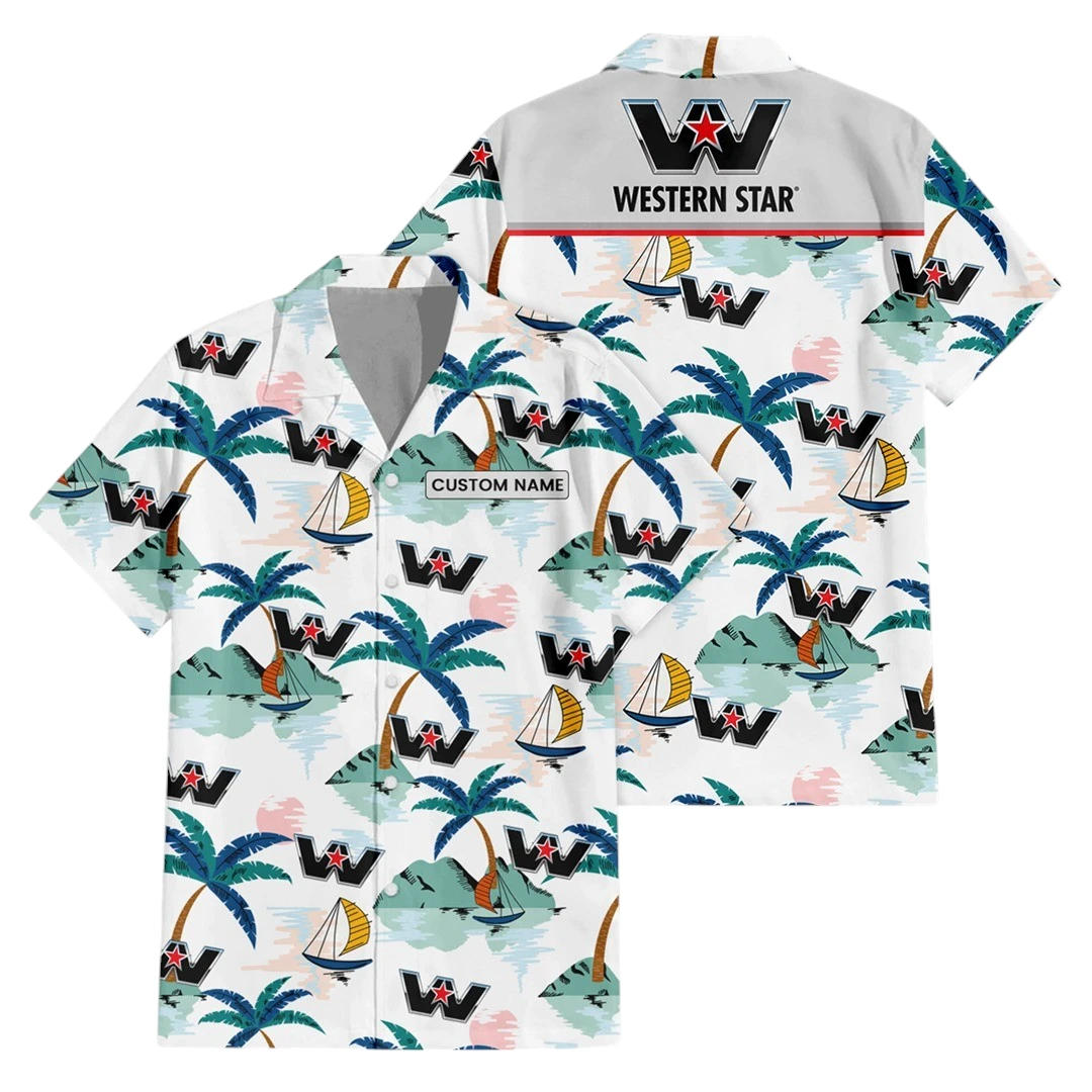 Western Star Exclusive Logo Button Up Hawaiian Shirt Tropical Landscape Pattern All-over Print, Custom Name HIDI210225Y7HWLS2WES