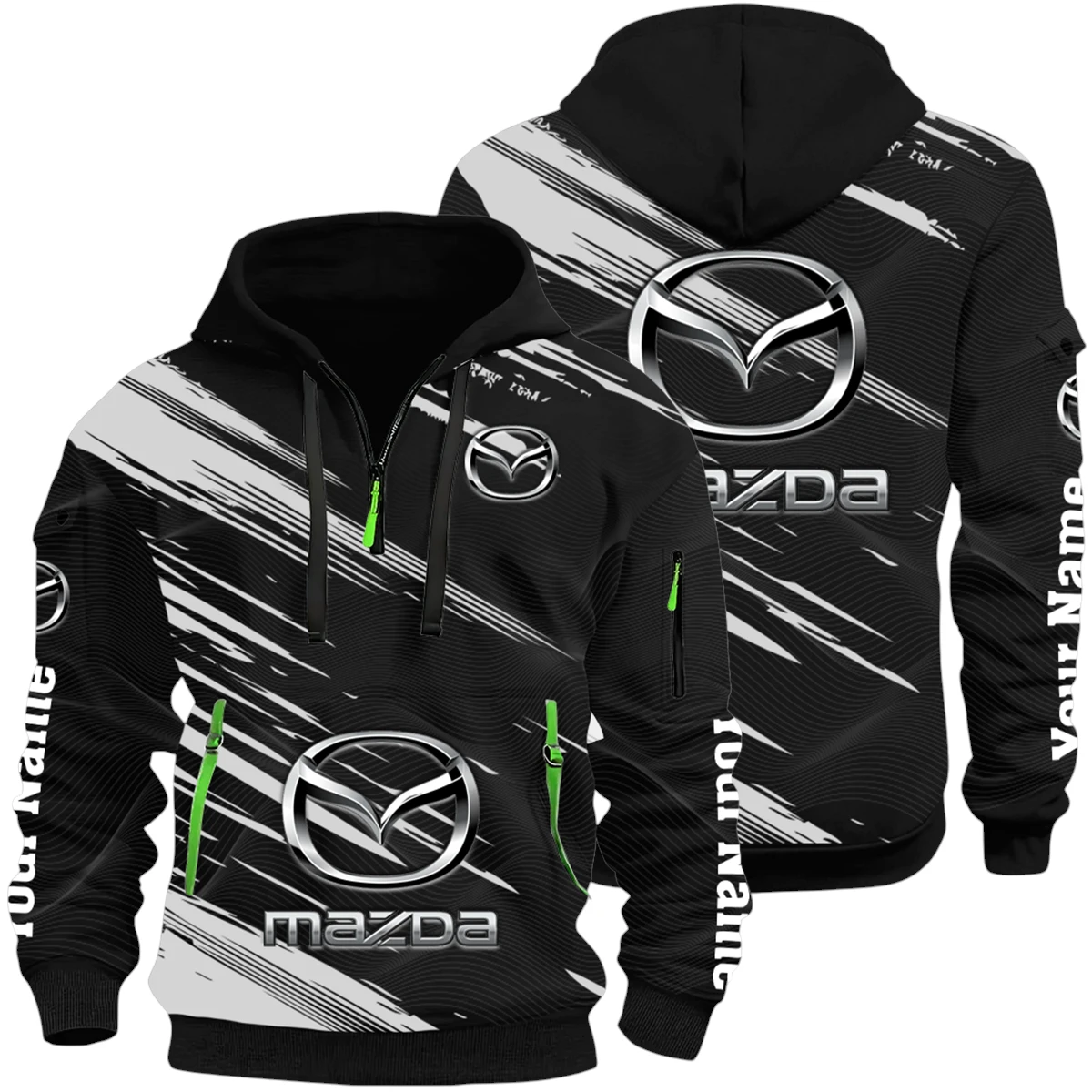 Mazda Half Zip Hoodie All Over Prints, Multi-Pockets Custom Name Mazda Half Zip Hoodie All Over Prints, Multi-Pockets Custom Name
