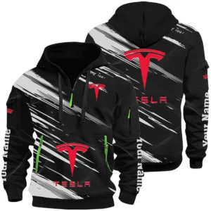 Tesla Half Zip Hoodie All Over Prints, Multi-Pockets Custom Name
