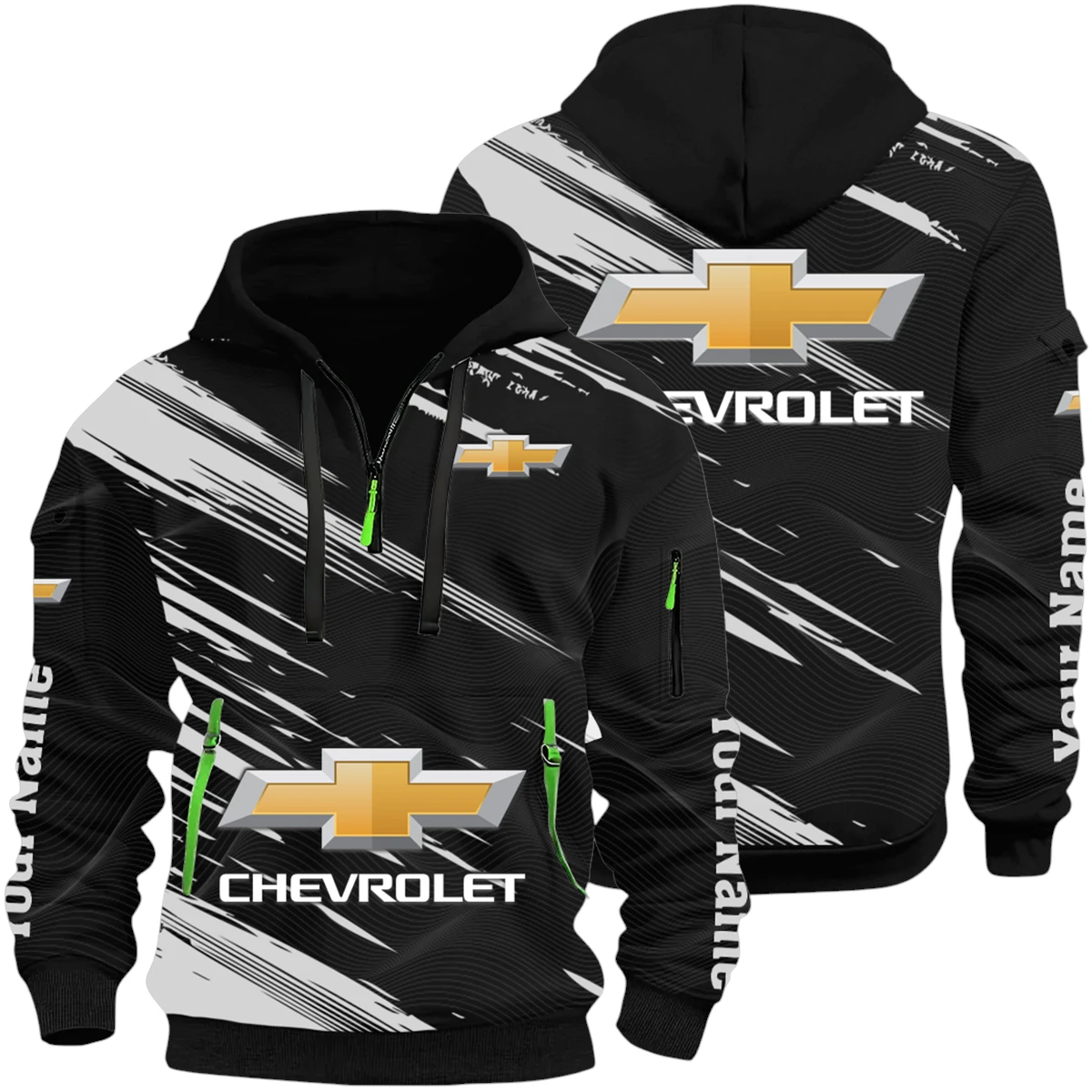 Chevrolet Half Zip Hoodie All Over Prints, Multi-Pockets Custom Name Chevrolet Half Zip Hoodie All Over Prints, Multi-Pockets Custom Name