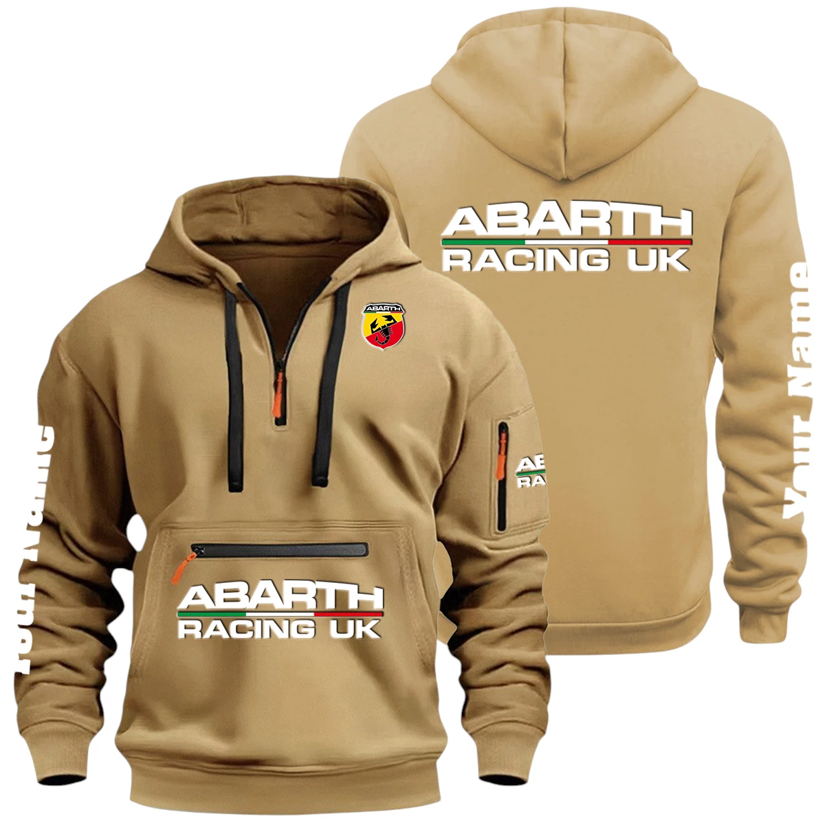 Abarth Racing UK Half Zip Hoodie Multi Zipper Pocket Custom Name Abarth Racing UK Half Zip Hoodie Multi Zipper Pocket Custom Name