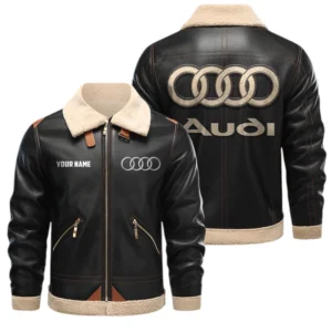 Audi PU Leather Fleece Lining Bomber Jacket Winter Coat Custom Name