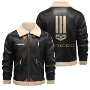 Chevrolet Camaro PU Leather Fleece Lining Bomber Jacket Winter Coat Custom Name