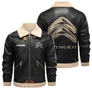 Citroen PU Leather Fleece Lining Bomber Jacket Winter Coat Custom Name