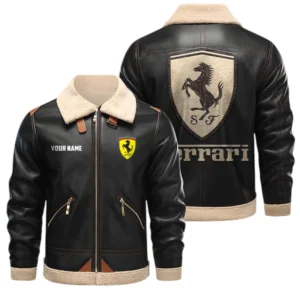 Ferrari PU Leather Fleece Lining Bomber Jacket Winter Coat Custom Name