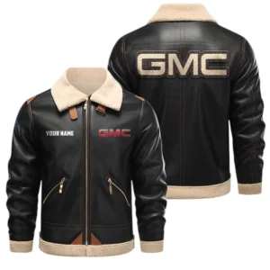 GMC Car PU Leather Fleece Lining Bomber Jacket Winter Coat Custom Name