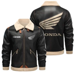 Honda Motor PU Leather Fleece Lining Bomber Jacket Winter Coat Custom Name
