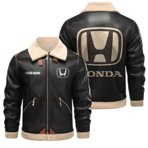 Honda PU Leather Fleece Lining Bomber Jacket Winter Coat Custom Name