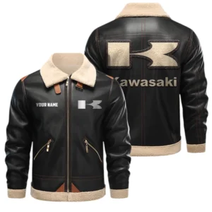Kawasaki Motors PU Leather Fleece Lining Bomber Jacket Winter Coat Custom Name
