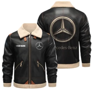 Mercedes-Benz PU Leather Fleece Lining Bomber Jacket Winter Coat Custom Name