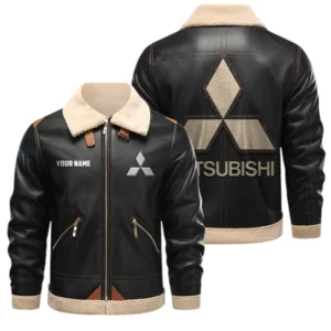 Mitsubishi PU Leather Fleece Lining Bomber Jacket Winter Coat Custom Name