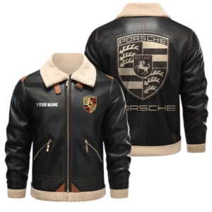 Porsche PU Leather Fleece Lining Bomber Jacket Winter Coat Custom Name
