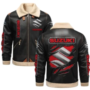 Suzuki PU Leather Fleece Lining Bomber Jacket Winter Coat Personalized Text