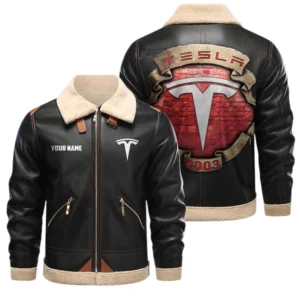 TESLA PU Leather Fleece Lining Bomber Jacket Winter Coat Custom Name