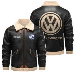Volkswagen PU Leather Fleece Lining Bomber Jacket Winter Coat Custom Name