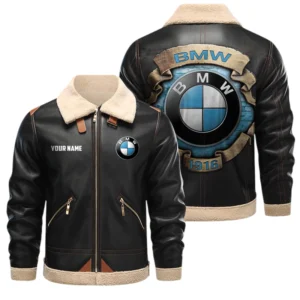 BMW PU Leather Fleece Lining Bomber Jacket Winter Coat Custom Text