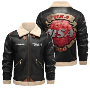 BSA Motorcycles PU Leather Fleece Lining Bomber Jacket Winter Coat Custom Text