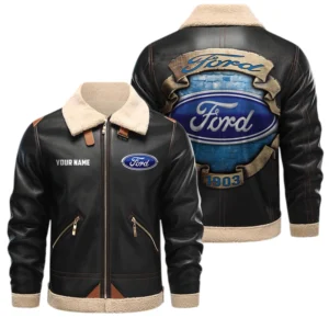 Ford PU Leather Fleece Lining Bomber Jacket Winter Coat Custom Text