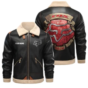 Fox Racing PU Leather Fleece Lining Bomber Jacket Winter Coat Custom Text