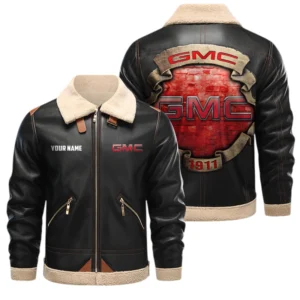 GMC Car PU Leather Fleece Lining Bomber Jacket Winter Coat Custom Text