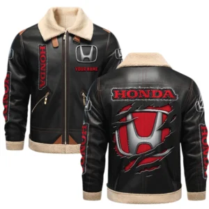 Honda PU Leather Fleece Lining Bomber Jacket Winter Coat Custom Text