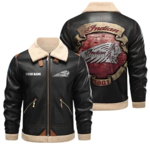 Indian Motorcycle PU Leather Fleece Lining Bomber Jacket Winter Coat Custom Text