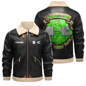 Kawasaki Motors PU Leather Fleece Lining Bomber Jacket Winter Coat Custom Text