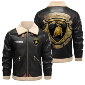 Lamborghini PU Leather Fleece Lining Bomber Jacket Winter Coat Custom Text
