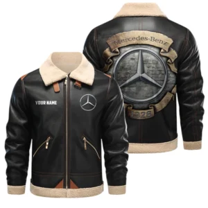 Mercedes-Benz PU Leather Fleece Lining Bomber Jacket Winter Coat Custom Text