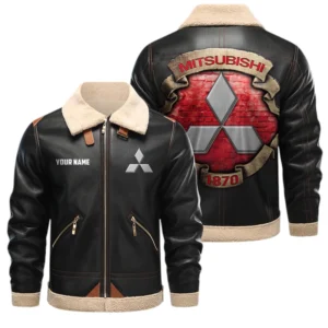 Mitsubishi PU Leather Fleece Lining Bomber Jacket Winter Coat Custom Text
