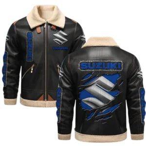 Suzuki PU Leather Fleece Lining Bomber Jacket Winter Coat Custom Name