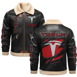 TESLA PU Leather Fleece Lining Bomber Jacket Winter Coat Custom Text