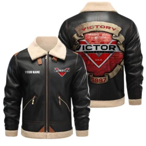 Victory Motorcycles PU Leather Fleece Lining Bomber Jacket Winter Coat Custom Text