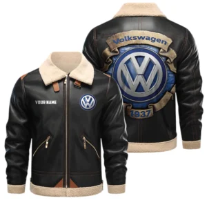 Volkswagen PU Leather Fleece Lining Bomber Jacket Winter Coat Custom Text