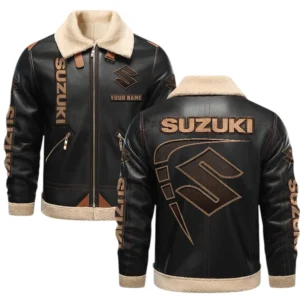 Suzuki PU Leather Fleece Lining Bomber Jacket Winter Coat Custom Text