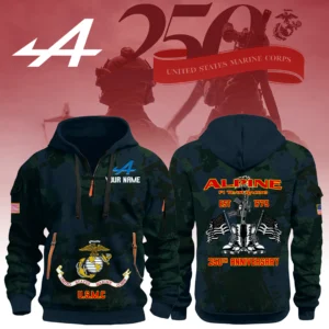 Alpine F1 Team Racing x USMC 250th Anniversary 3D Half Zip Hoodie Custom Your Name