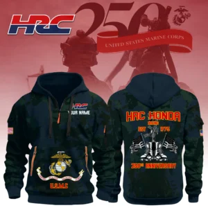 HRC Honda Racing x USMC 250th Anniversary 3D Half Zip Hoodie Custom Your Name